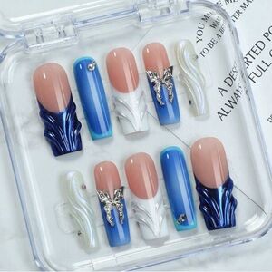 Blue and White Press-On Nails with Silver Accents